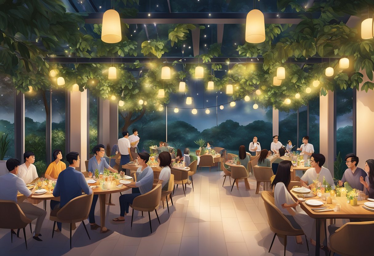 A vibrant dining area with modern decor, surrounded by lush greenery and soft lighting, featuring live entertainment at voco Orchard Singapore