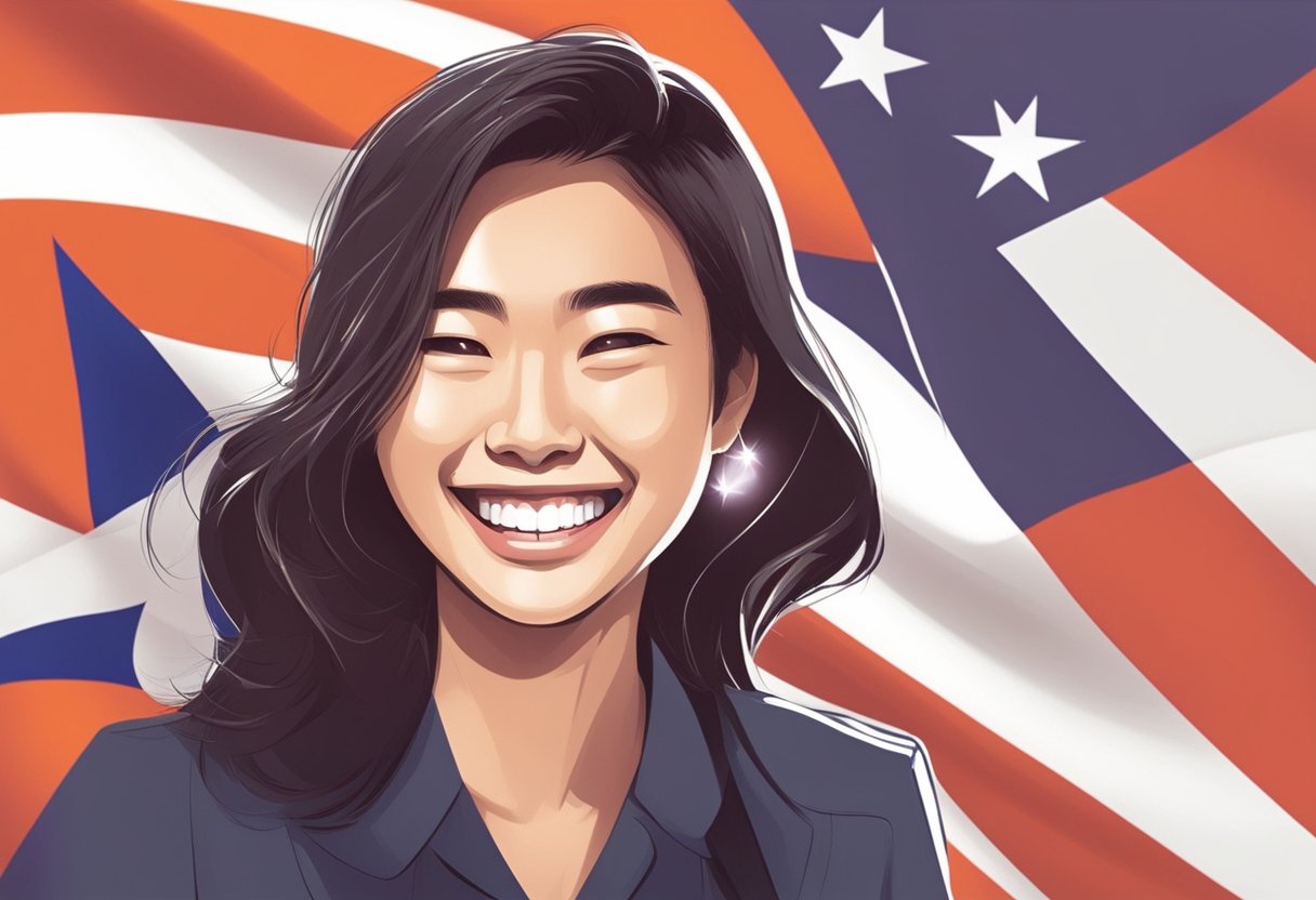 A bright smile with sparkling teeth and a Singaporean flag in the background