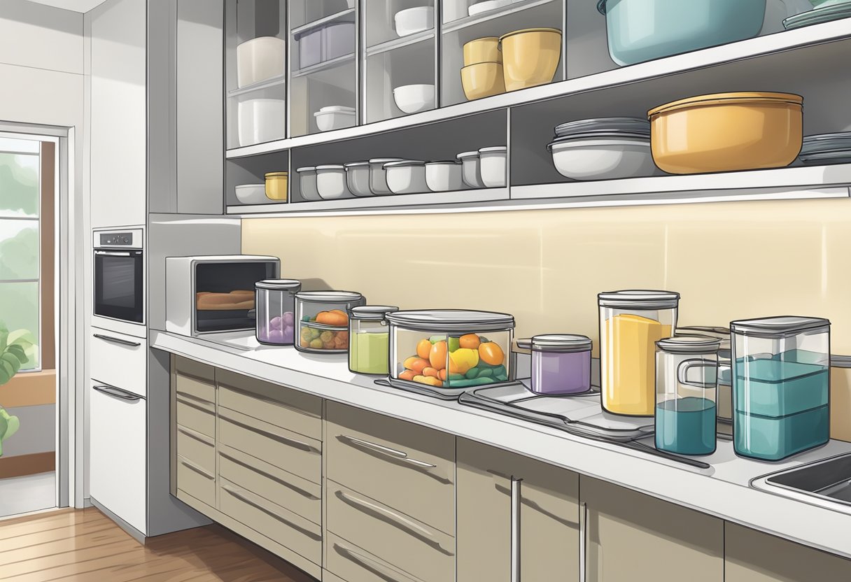 A kitchen counter with assorted Tupperware containers neatly organized and labeled in a modern Singaporean home