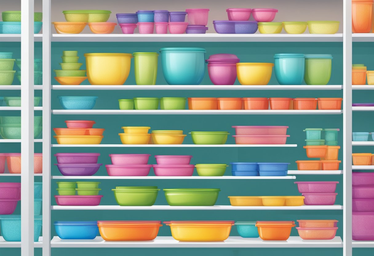 A colorful array of Tupperware products displayed on shelves in a bright and organized store in Singapore