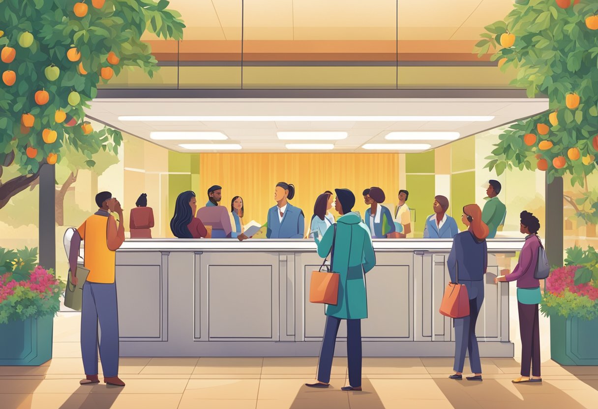 A bustling lobby with people lined up at a reception desk, a sign displaying "Frequently Asked Questions" and a vibrant orchard-themed backdrop in the background