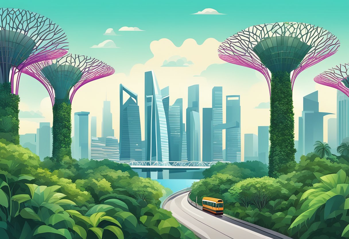 A bustling cityscape with iconic landmarks like the Marina Bay Sands and the futuristic Supertree Grove, all set against a backdrop of modern skyscrapers and lush greenery