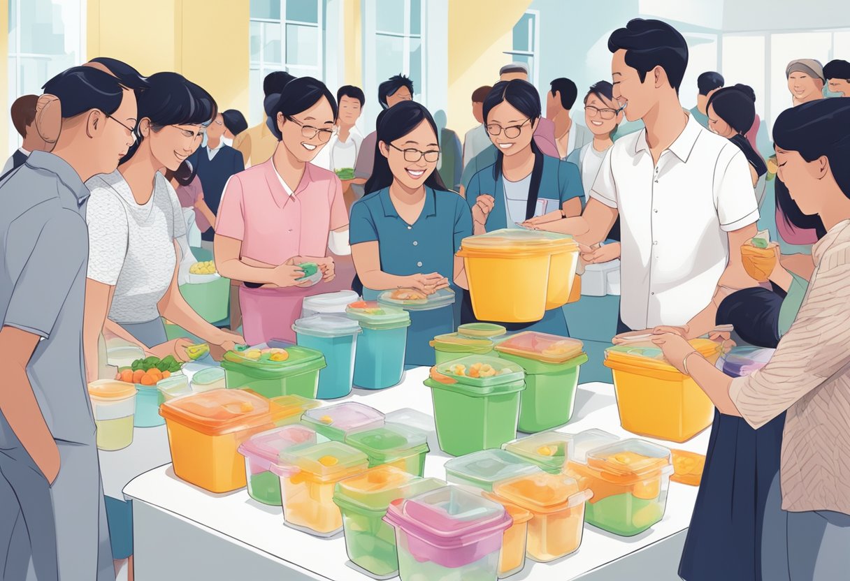 A group of people in Singapore engaging with Tupperware products at a lively and interactive event