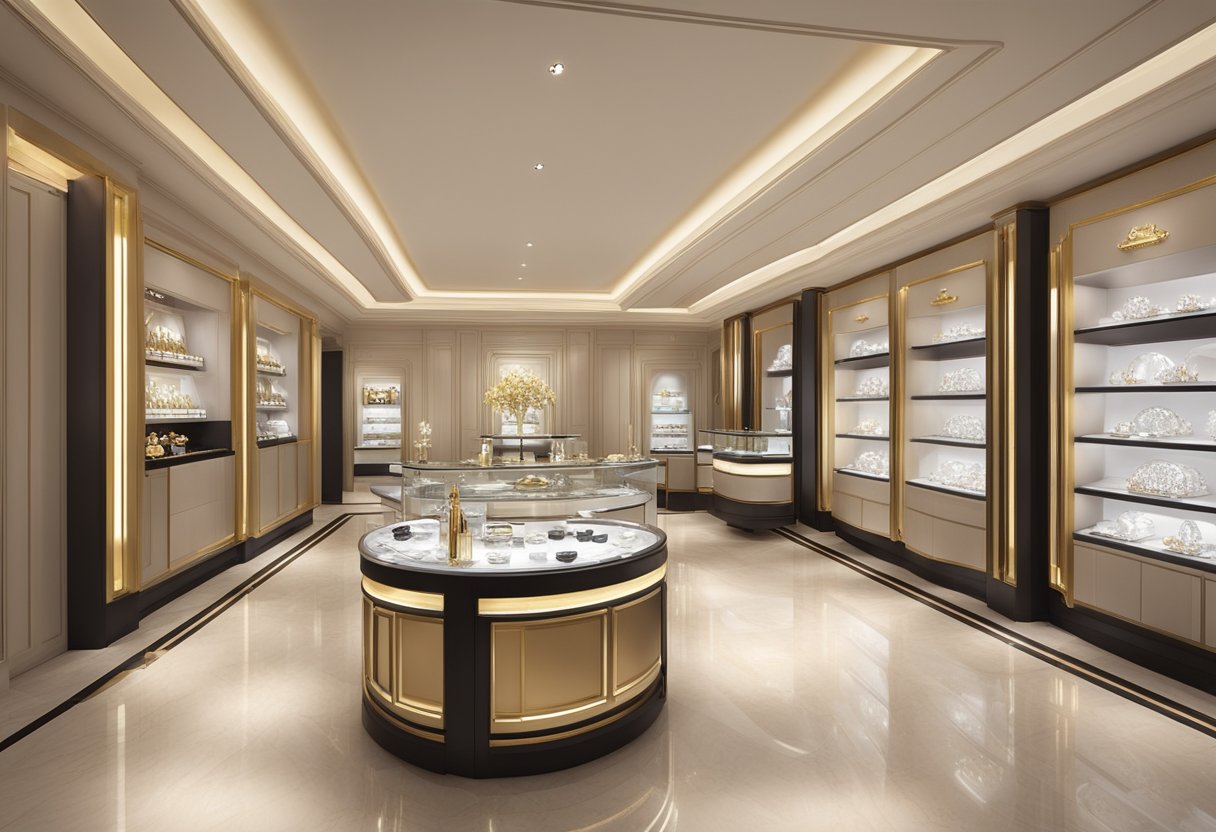 A luxurious display of Goldheart's Jewellery Collections in a sleek and modern Singapore showroom. Shimmering diamonds, lustrous pearls, and exquisite gold pieces are elegantly showcased under soft, flattering lighting