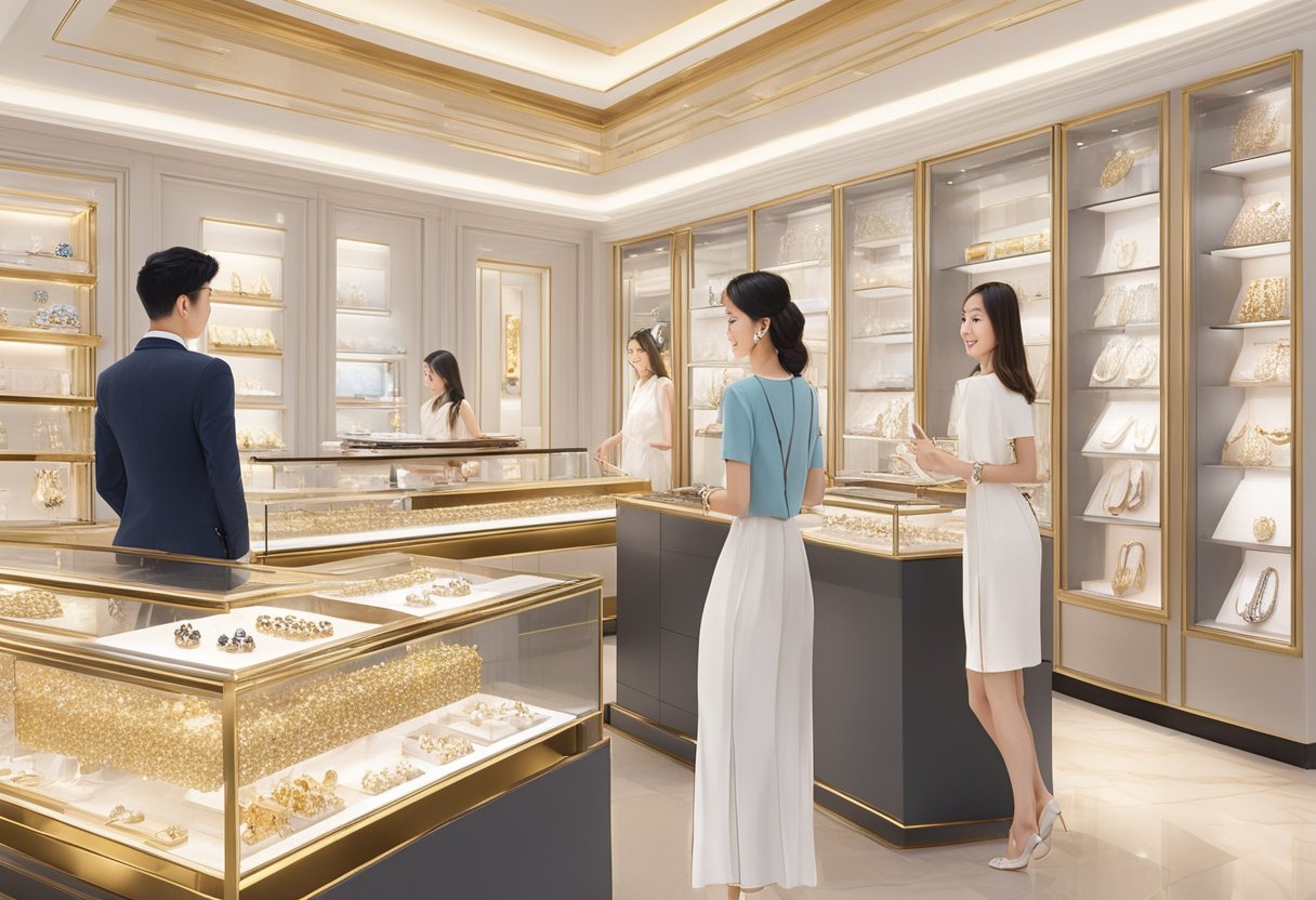 Customers browse sparkling jewelry at Goldheart Singapore, surrounded by elegant displays and warm lighting. Staff assist with selections, creating a luxurious shopping experience