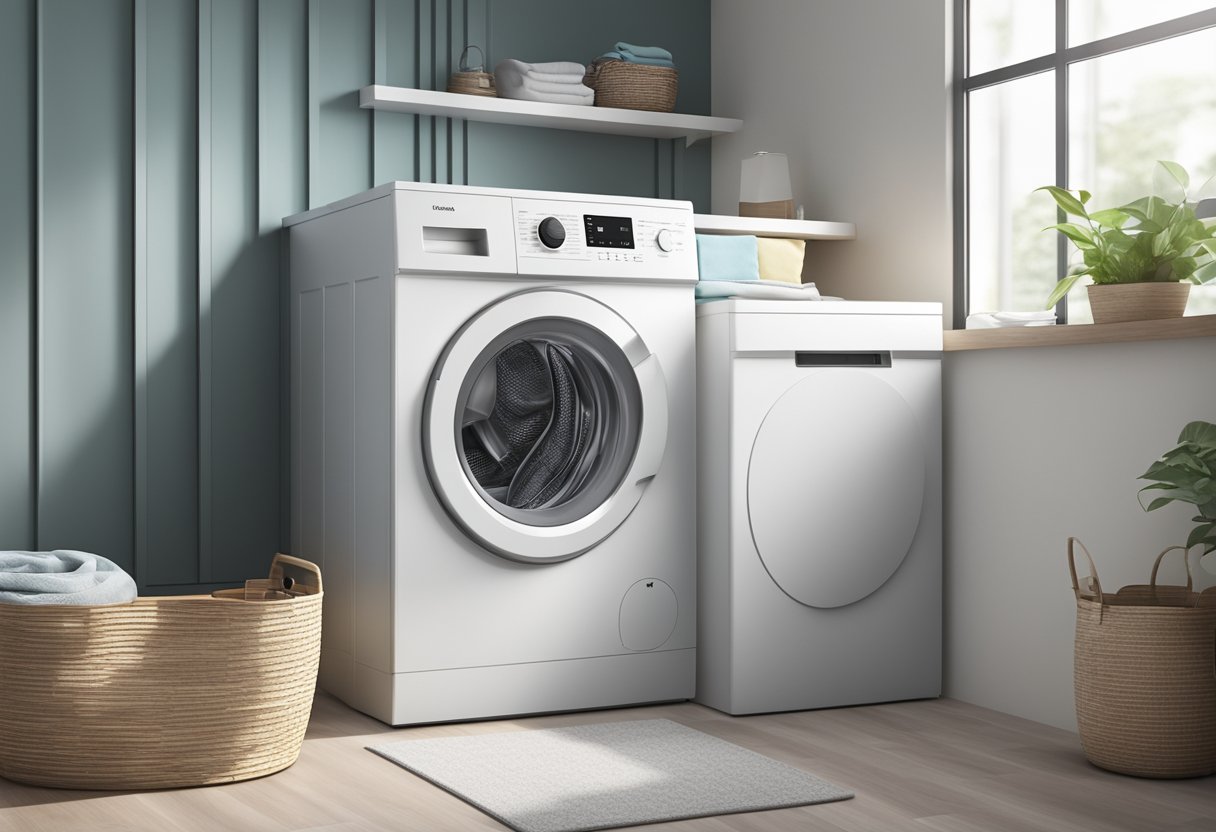 A modern washing machine in a clean, well-lit laundry room in Singapore. The machine is white with a digital display and surrounded by neatly folded laundry