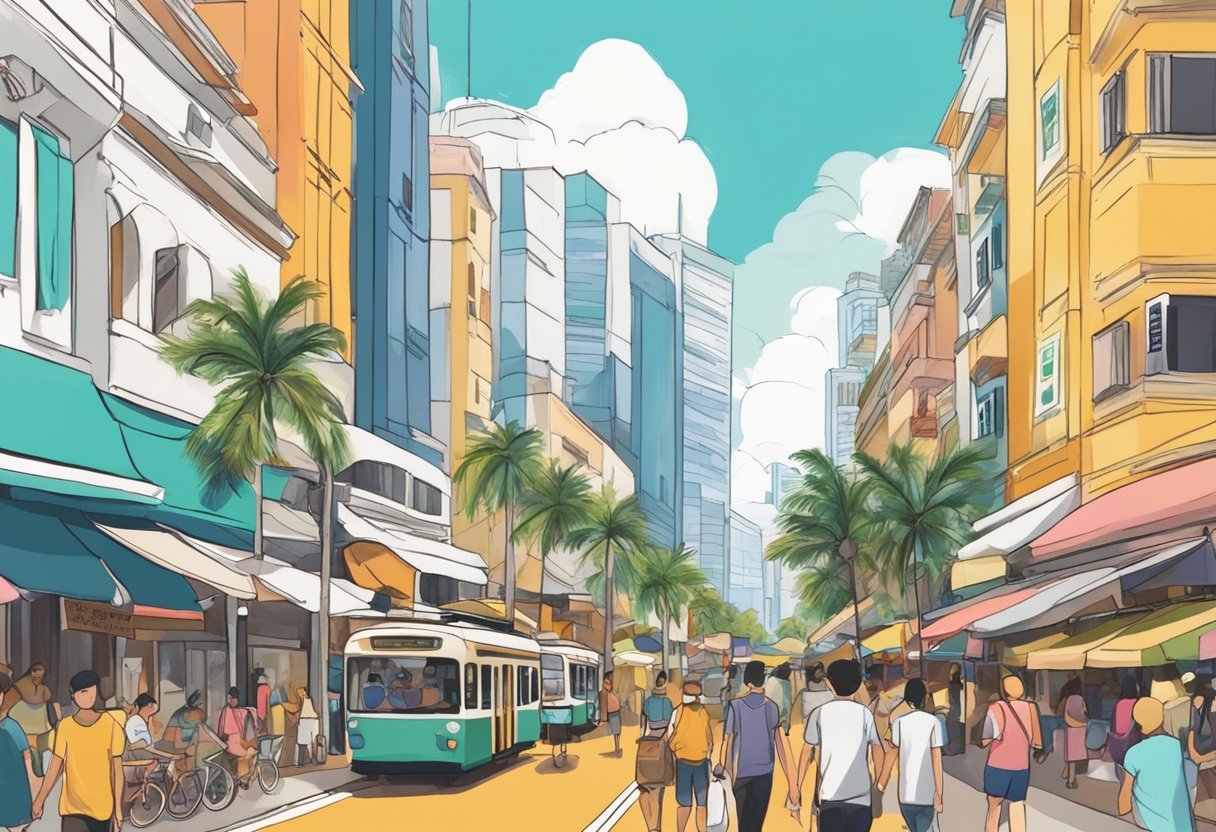 A bustling street in Singapore's Ipanema district, lined with colorful storefronts and bustling with activity. Palm trees sway in the warm breeze as locals and tourists alike explore the vibrant neighborhood