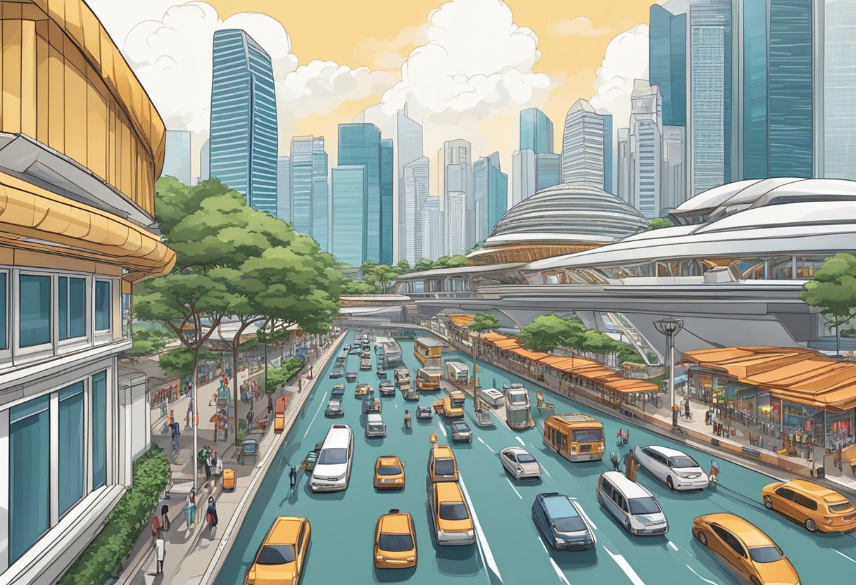 Busy street with iconic Singaporean architecture, including the Marina Bay Sands and the Singapore Flyer. A bustling cityscape with a mix of modern skyscrapers and traditional shophouses