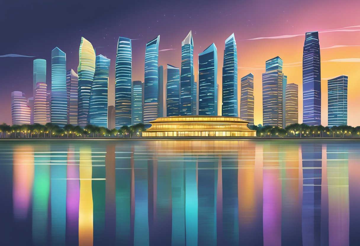 The iconic Marina Bay skyline glows with vibrant city lights against a backdrop of the calm waters and modern architecture