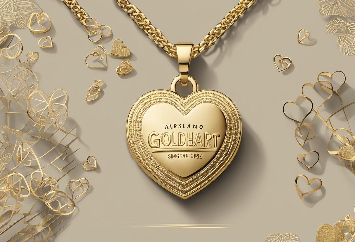 A gold heart pendant surrounded by a circle of frequently asked questions text, with the words "goldheart singapore" prominently displayed