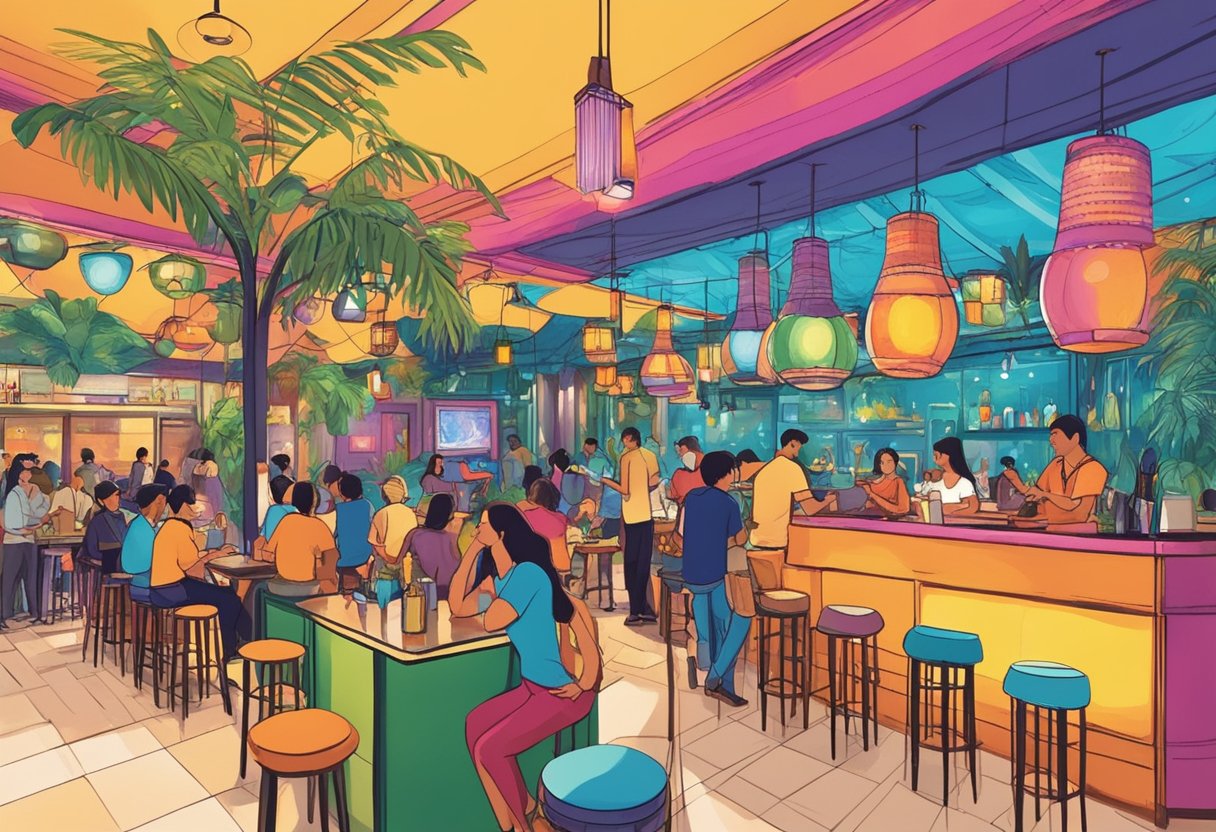People enjoying live music, colorful decor, and exotic cocktails at Ipanema World Music Bar in Singapore