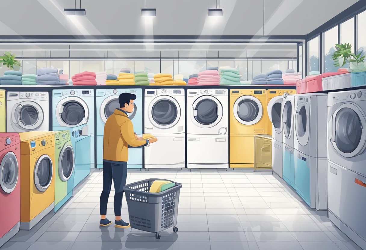 A person carefully comparing features of various washing machines in a brightly lit appliance store showroom