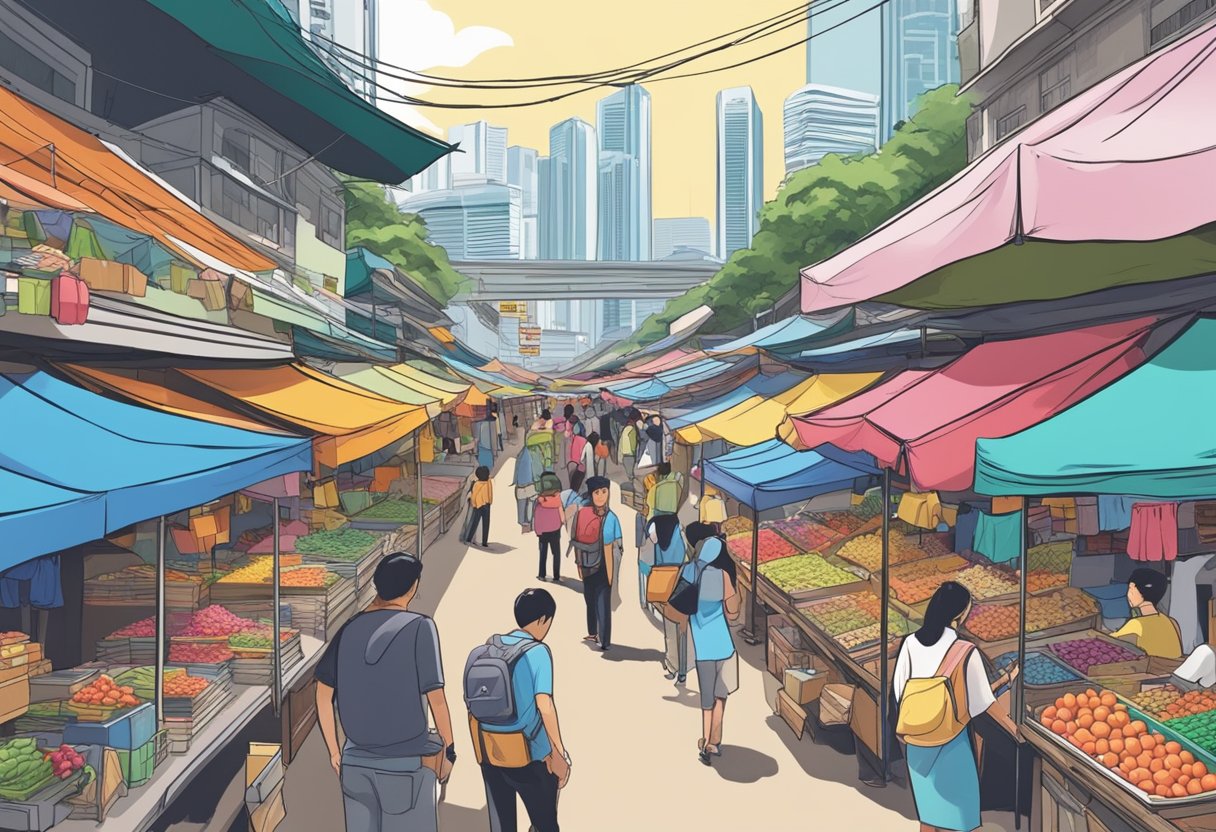 A bustling market in Singapore, with colorful stalls and a prominent "New Era" sign, showcasing the brand's dominance in the market