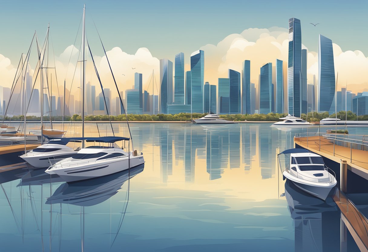 Boats and yachts docked in Marina Bay's calm waters, with the iconic cityscape and modern architecture in the background