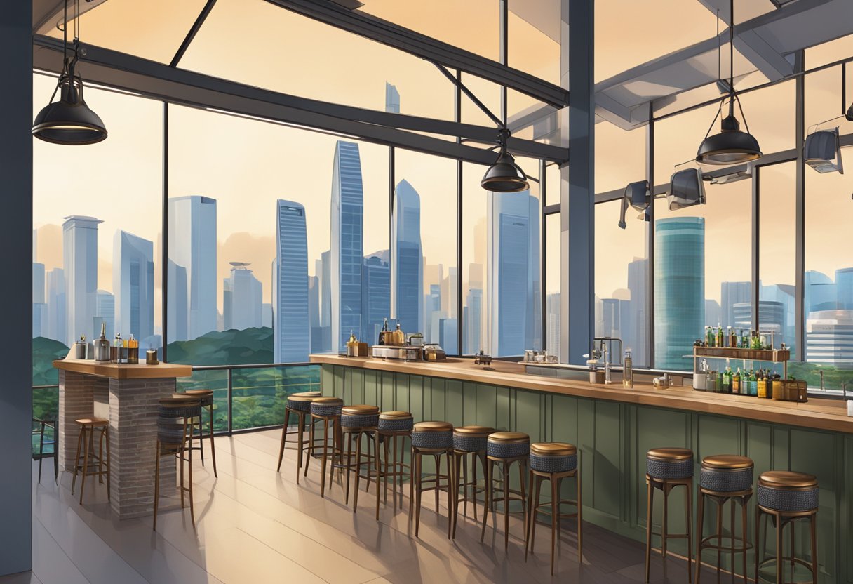 A panoramic view of Level 33 in Singapore, with city skyline, brewery equipment, and outdoor seating