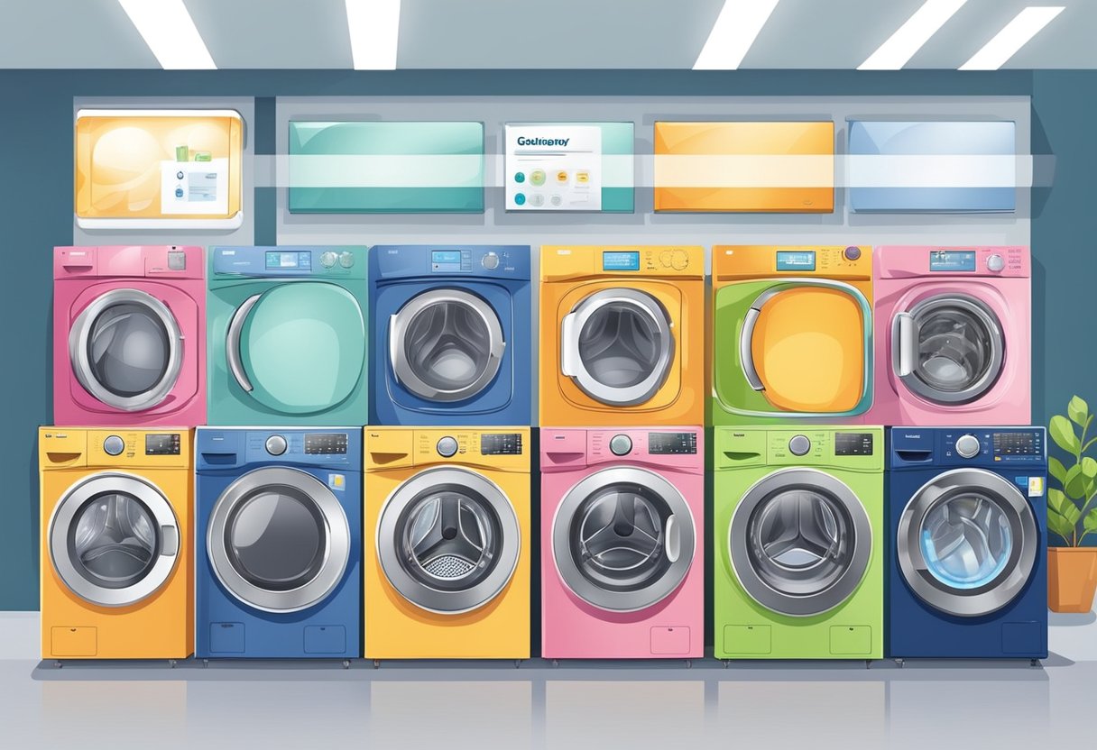 Various popular brands and models of washing machines displayed in a modern Singaporean appliance store