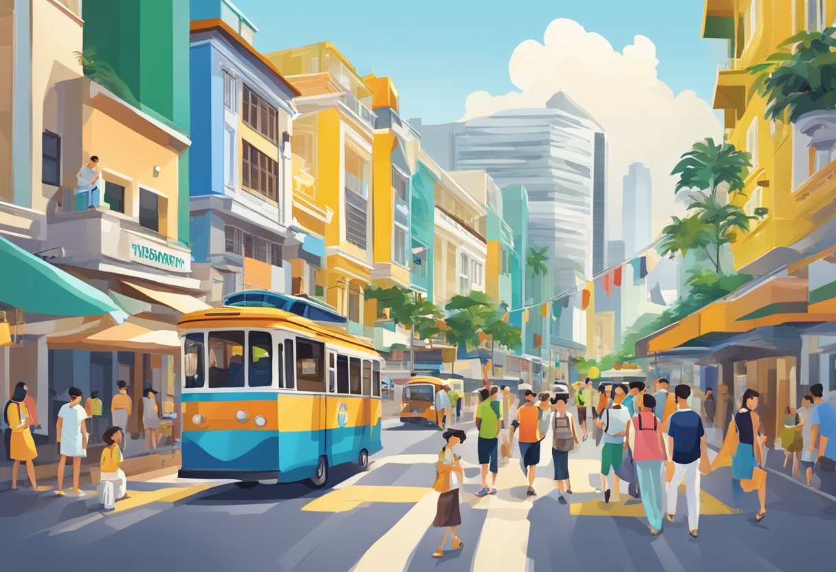 A vibrant street in Singapore, with a colorful sign for "Visitor Information ipanema" surrounded by bustling activity and a mix of modern and traditional architecture