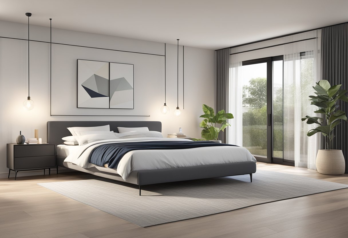 A sleek, modern bed frame in a minimalist bedroom with clean lines and neutral colors