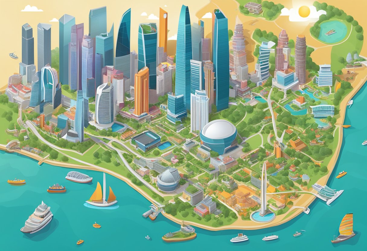 A colorful map of Singapore's Level 33, with iconic landmarks and attractions highlighted, surrounded by a bustling cityscape and vibrant skyline