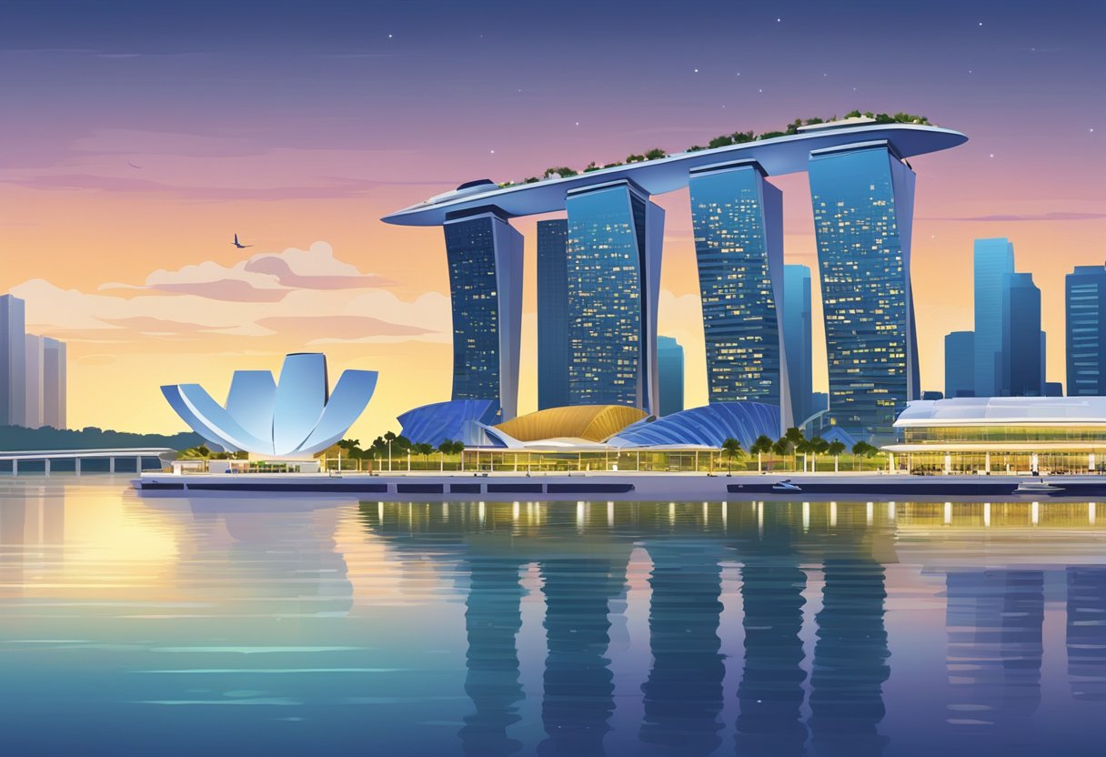 The marina bay in Singapore features modern accommodation and facilities, with sleek buildings and a bustling waterfront