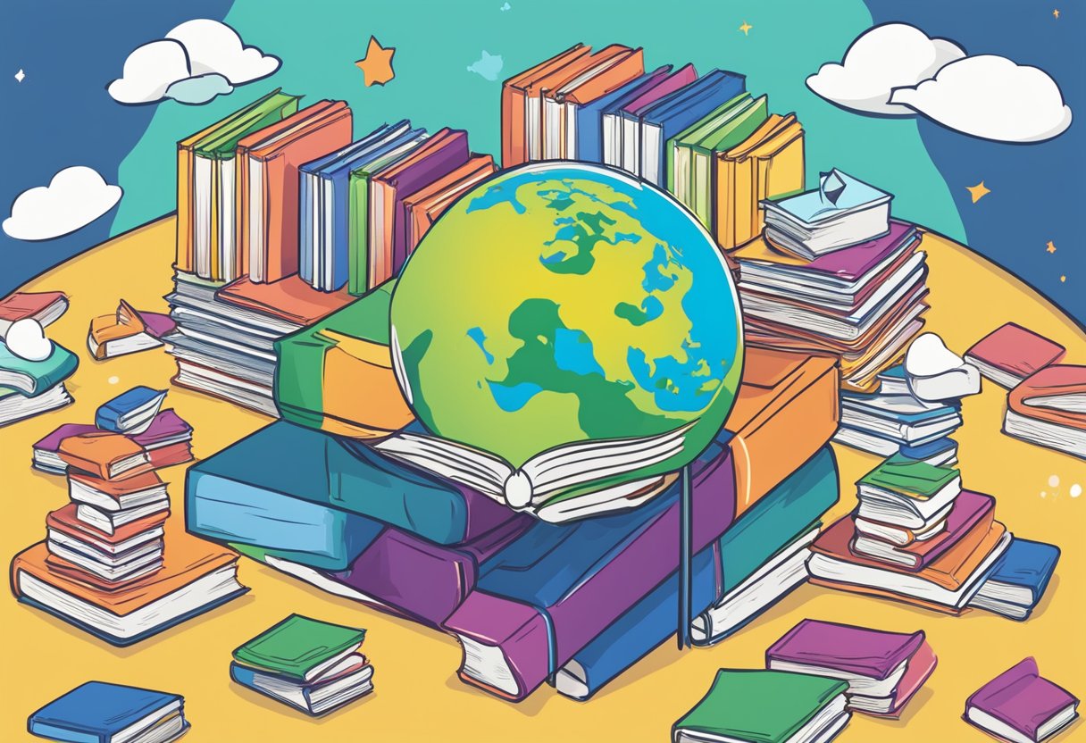 A stack of colorful FAQ books with "Level 33 Singapore" on cover, surrounded by question marks and a globe