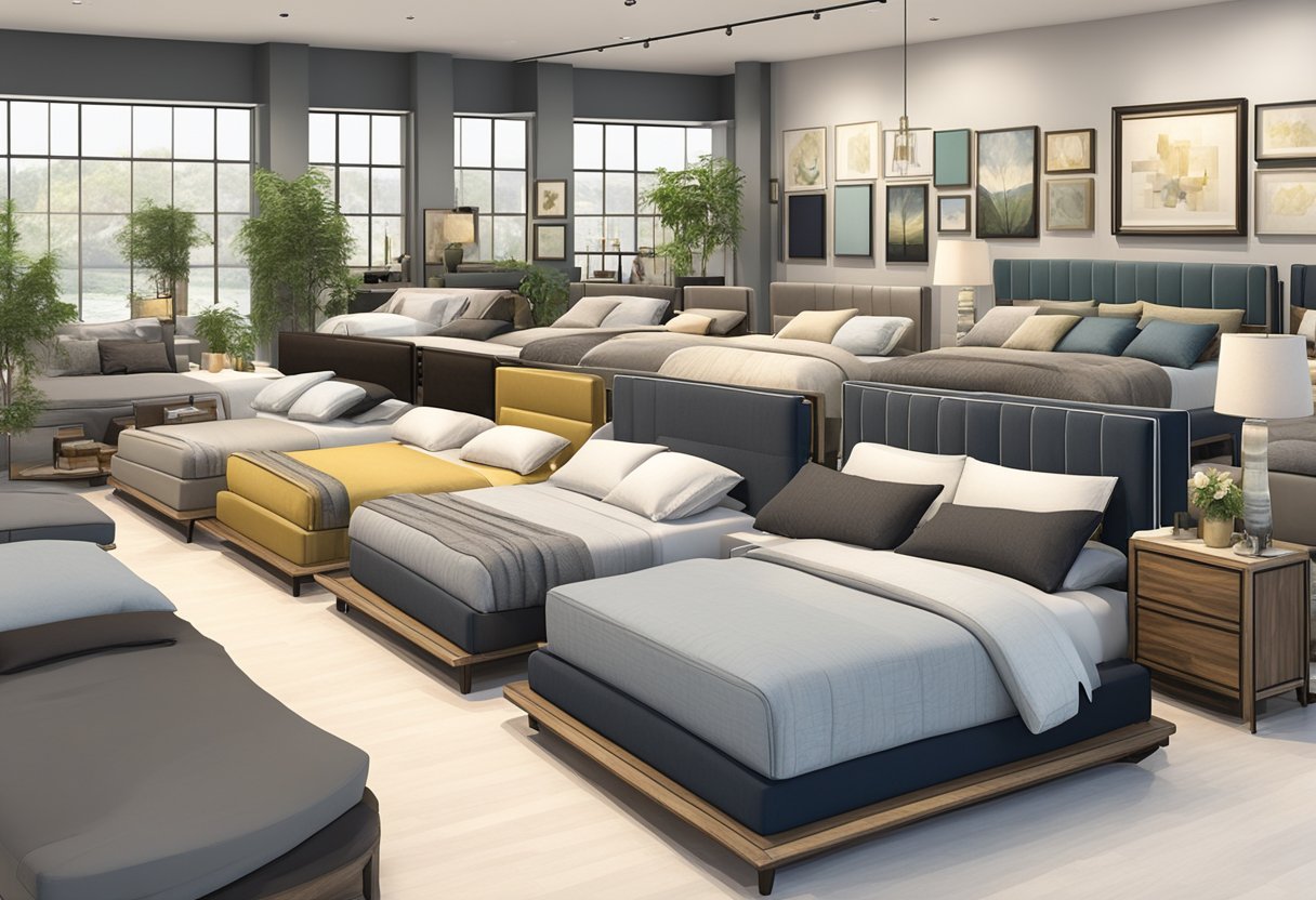 A variety of bed frames displayed in a showroom, including metal, wooden, and upholstered styles. Different sizes and designs are showcased, with accompanying price tags