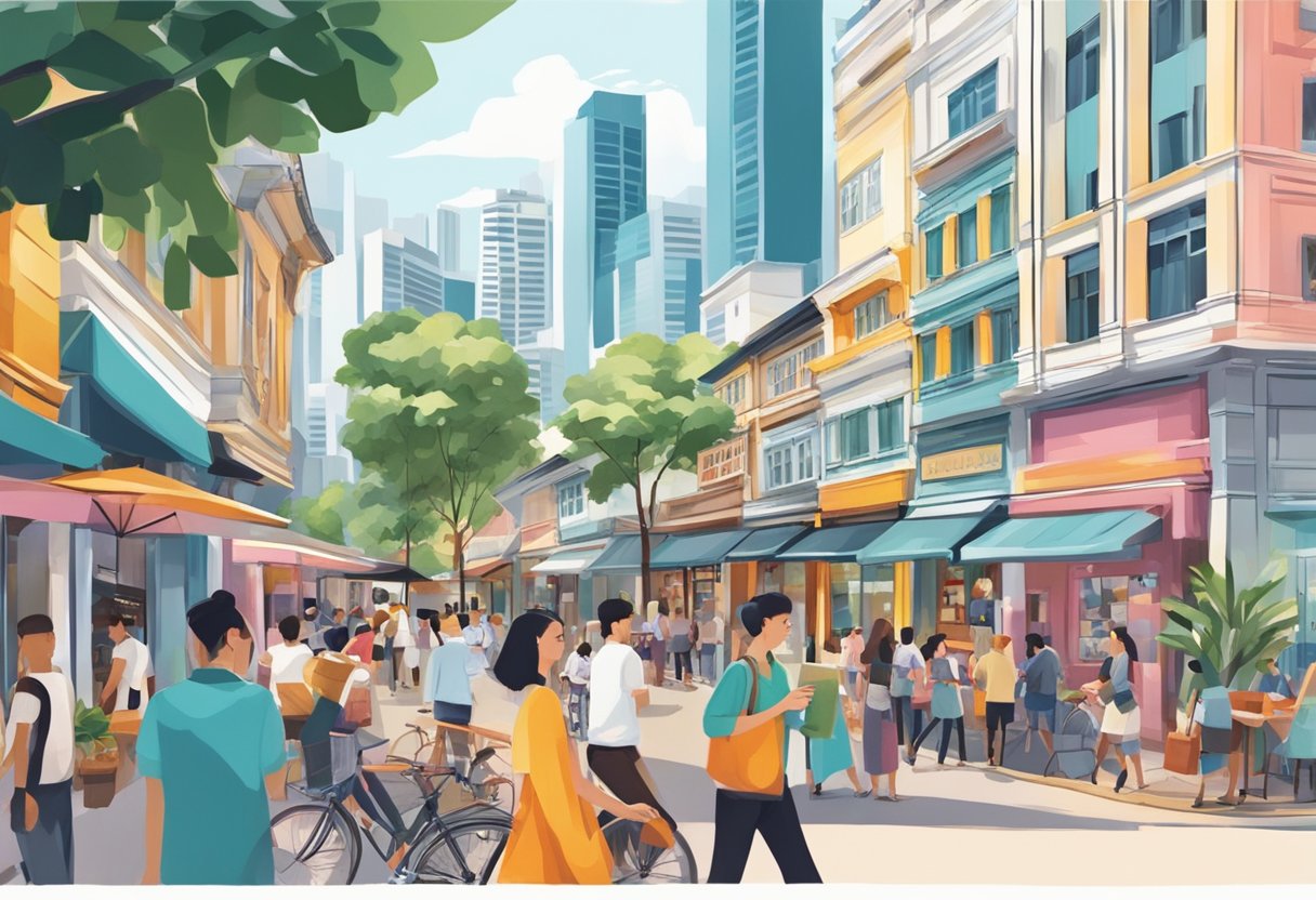 Vibrant street scene with modern architecture, bustling cafes, and fashionable locals in Singapore's trendy district