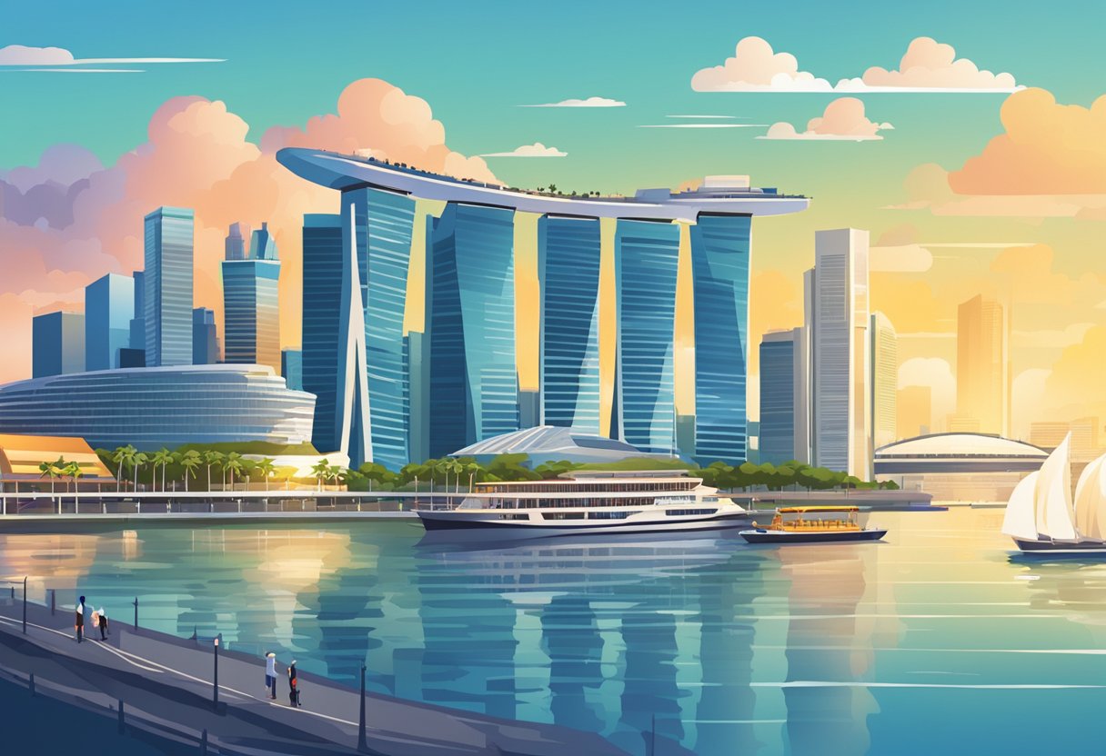The bustling Marina Bay in Singapore with its iconic skyline, bustling waterfront, and vibrant atmosphere
