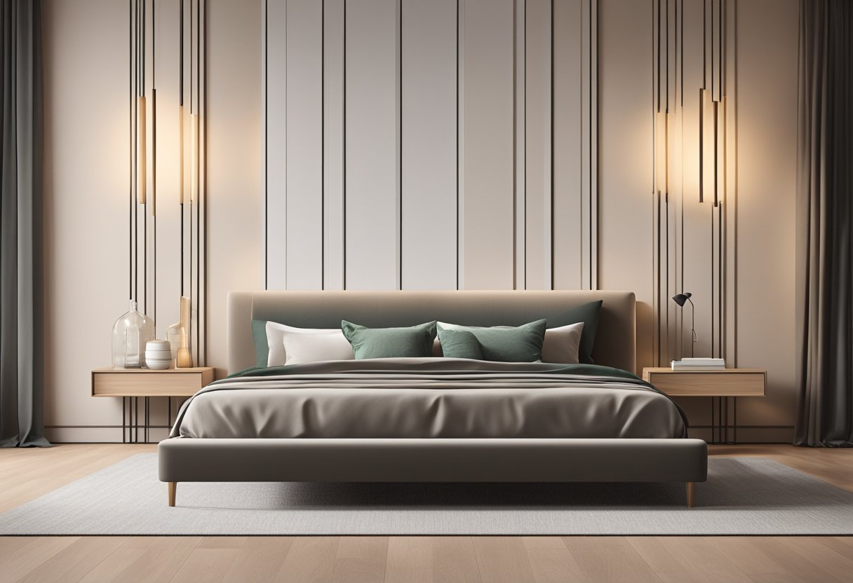A bedroom with a sleek, modern bed frame against a neutral-colored wall, with soft lighting and minimalistic decor