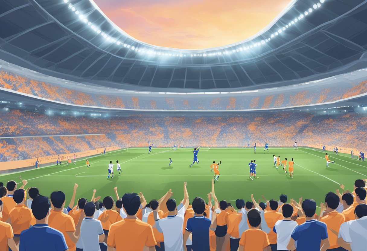 The stadium is filled with cheering fans as the Albirex Niigata Singapore FC players celebrate their victory on the field