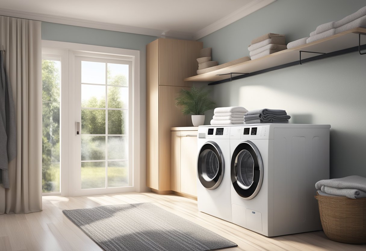 A modern washing machine in a clean, well-lit laundry room with a stack of neatly folded towels nearby