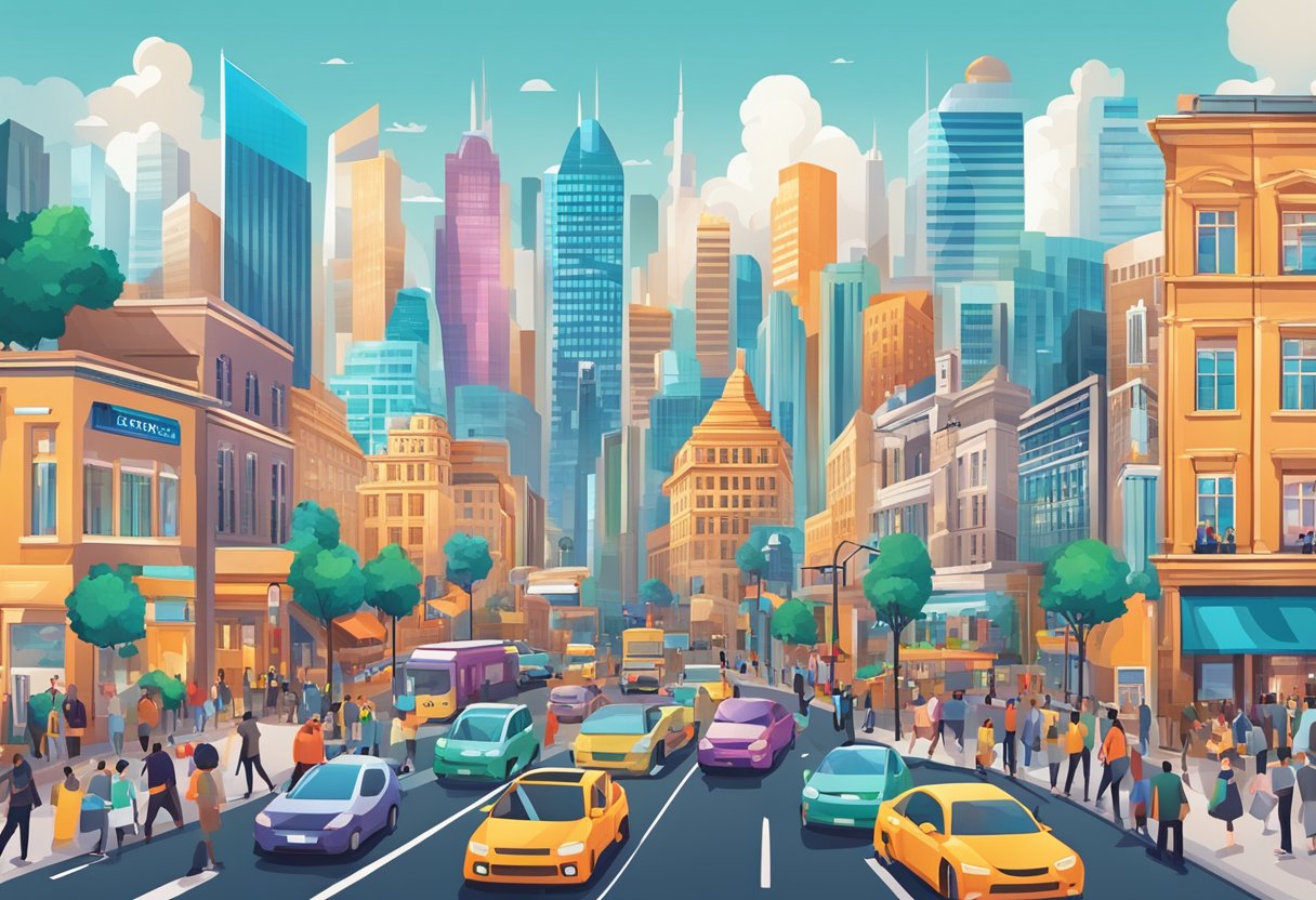 A bustling cityscape with a modern skyline, featuring iconic landmarks and bustling streets filled with diverse people and vibrant energy