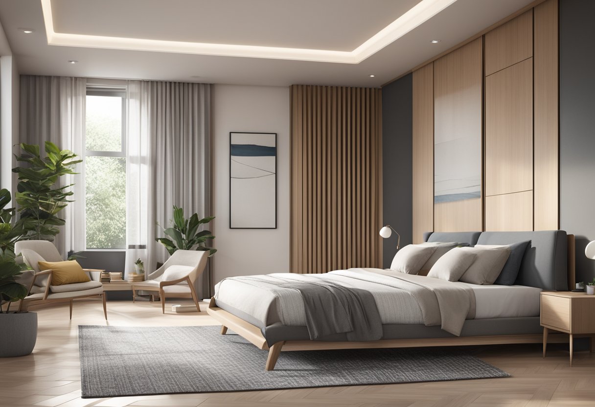 A modern bed frame with clean lines and sleek design, set in a spacious bedroom with minimalist decor and soft, natural lighting