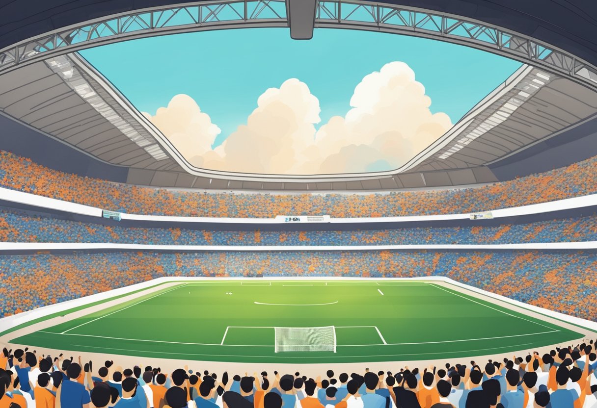 The stadium is filled with cheering fans as Albirex Niigata Singapore FC takes the field, with the team's logo proudly displayed on the scoreboard