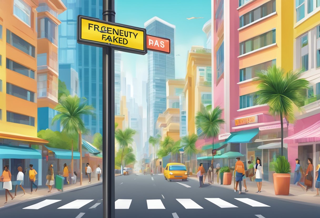 A colorful street sign with "Frequently Asked Questions ipanema singapore" displayed prominently above a bustling city sidewalk