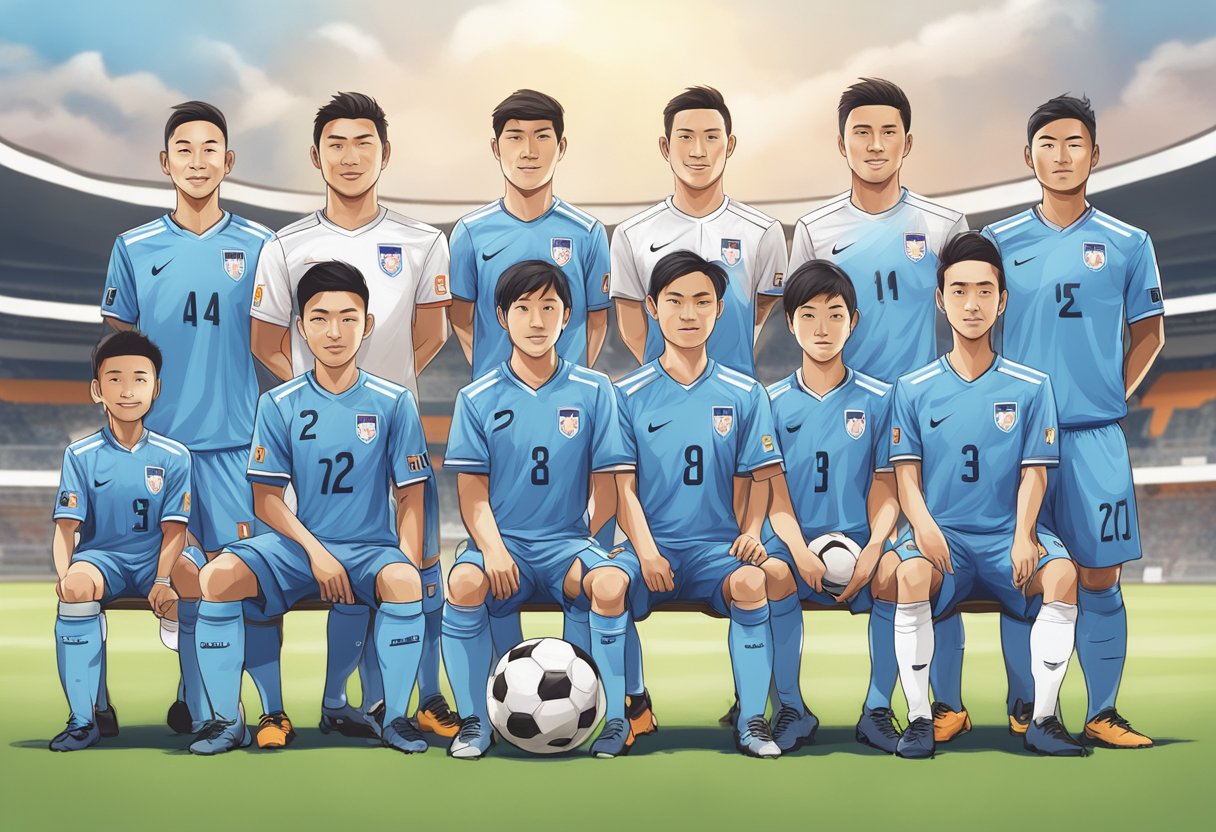 A group of soccer players and staff members of Albirex Niigata Singapore FC standing together for a team photo