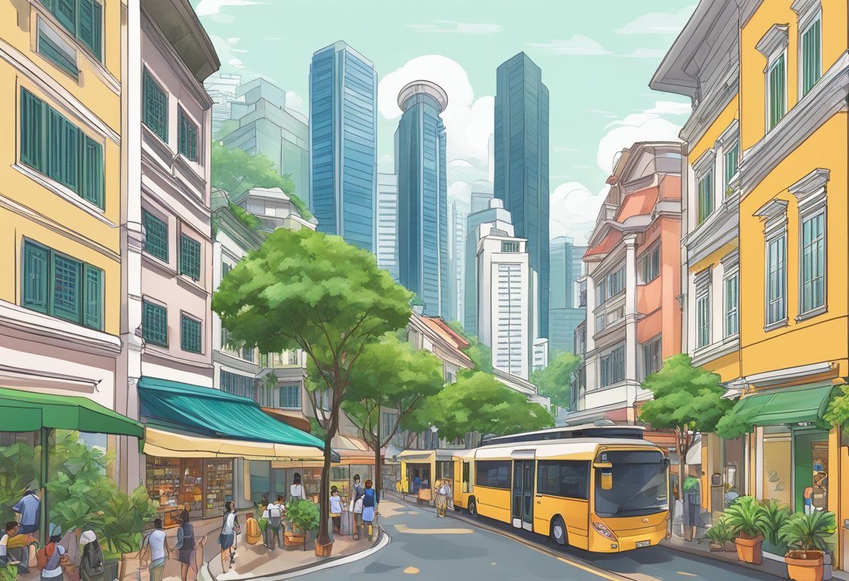 A bustling street in Singapore, with iconic landmarks and modern skyscrapers, surrounded by a mix of traditional shophouses and lush greenery