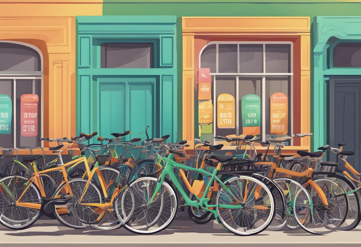 A colorful bike rental shop with a variety of bicycles lined up outside. A sign with rental details and cycling tips displayed prominently