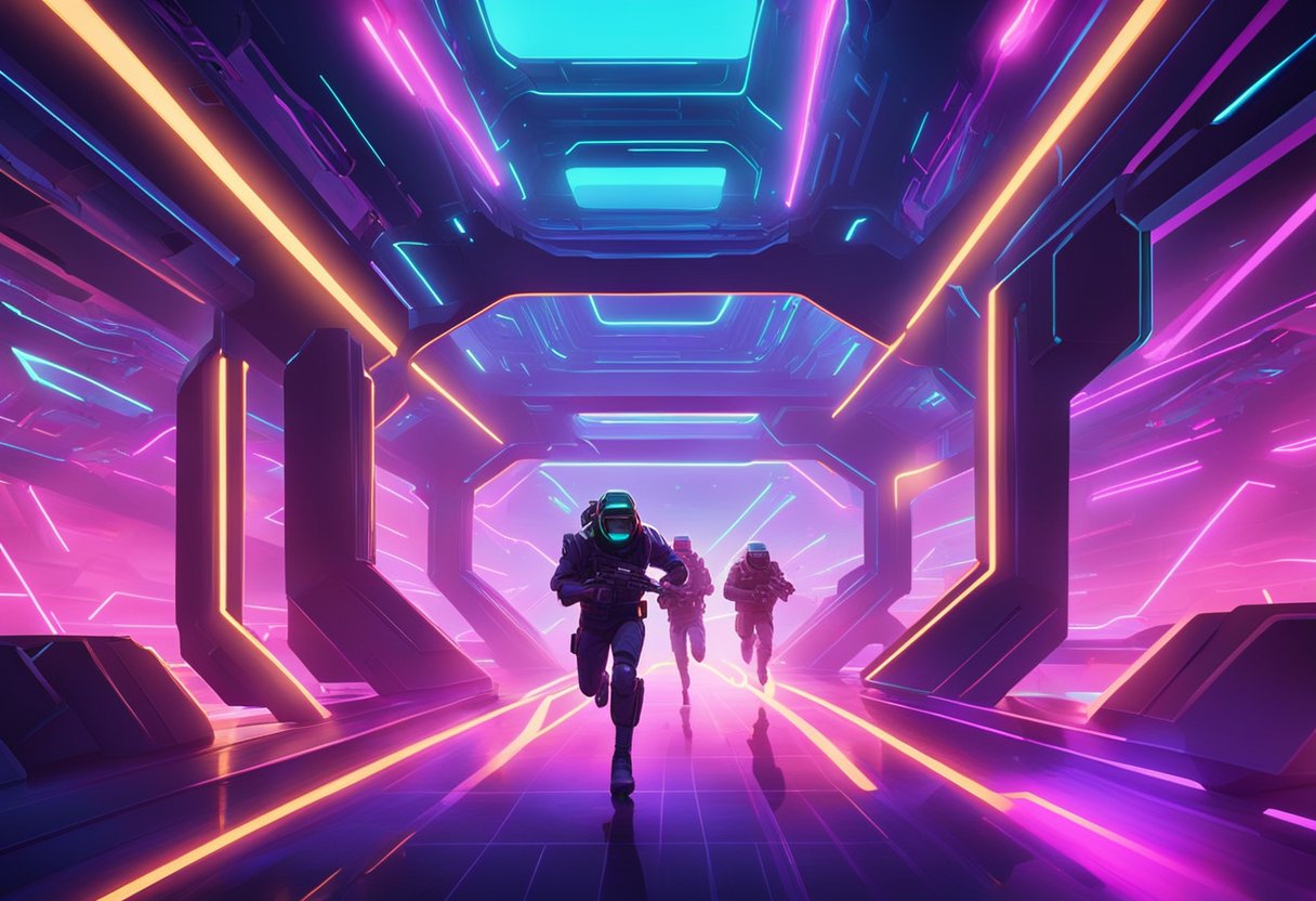 Players run through neon-lit arena, dodging laser beams and taking cover behind obstacles. Bright lights and futuristic props create an immersive sci-fi atmosphere
