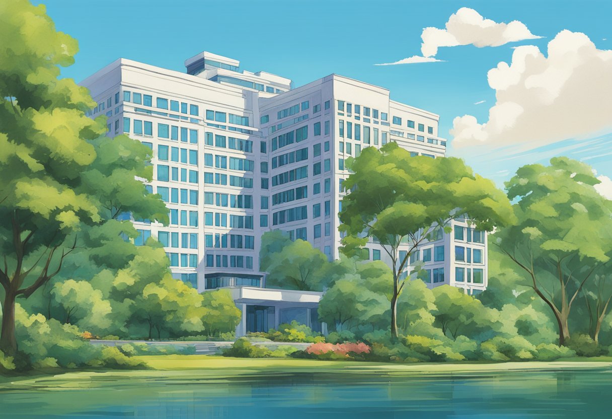 The iconic IMH building stands tall against a clear blue sky, surrounded by lush greenery and tranquil surroundings