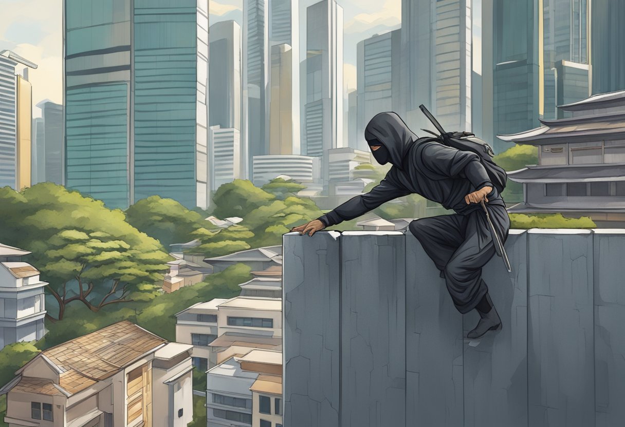 A ninja stealthily scales a wall in the bustling city of Singapore