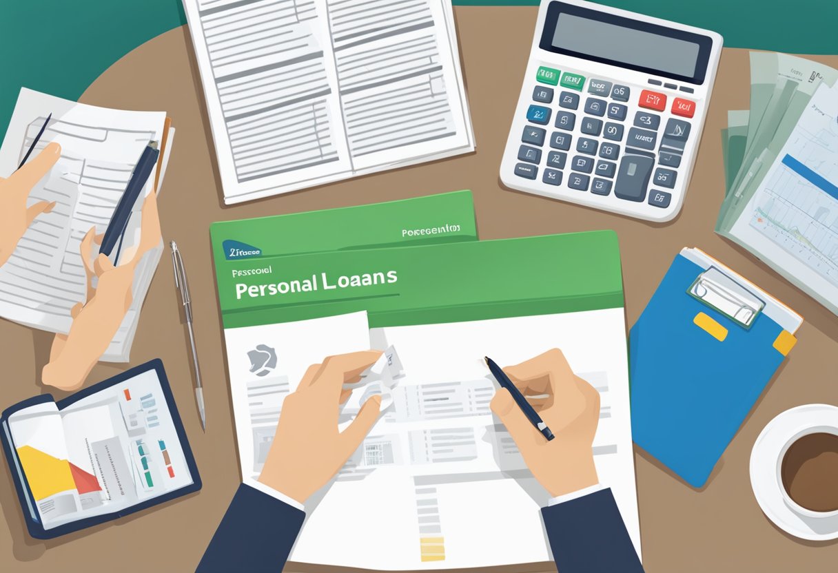 A person sitting at a desk, reading documents with the words "Understanding Personal Loans in Singapore" on the cover. A calculator and pen are nearby