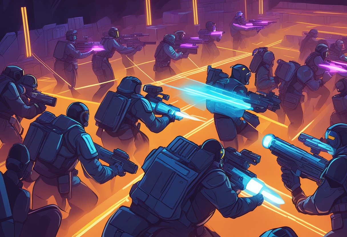 Players strategize in a dimly lit arena, dodging obstacles and seeking cover. Neon lights flash as they aim their laser guns, ready for an exhilarating game of laser tag