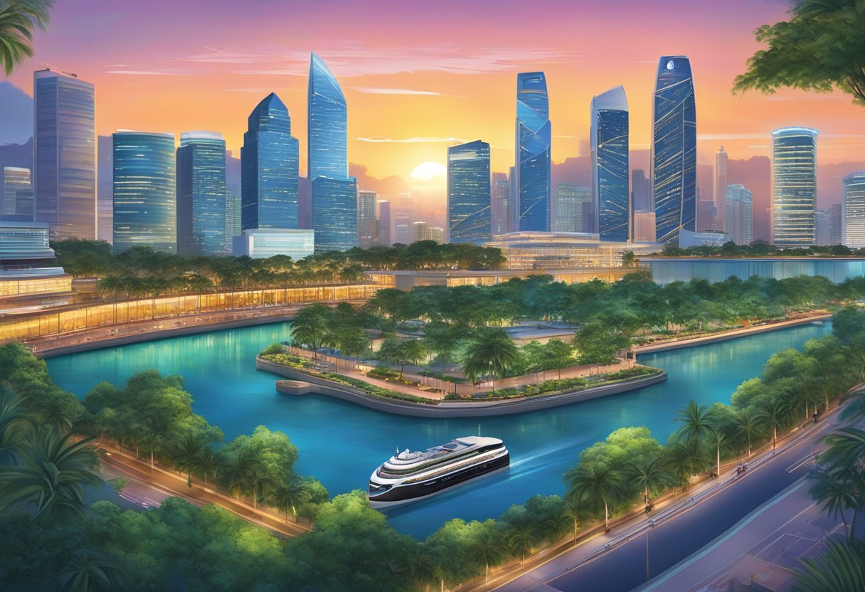 Canon Singapore's iconic skyline, with its modern skyscrapers and lush greenery, is set against a vibrant sunset, creating a stunning backdrop for the city's bustling energy