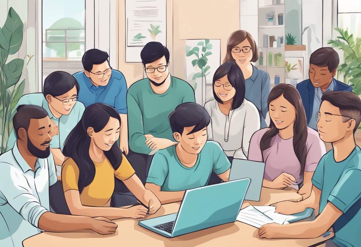 A diverse group of people in Singapore engaging in various mental health activities and support services at the Institute of Mental Health