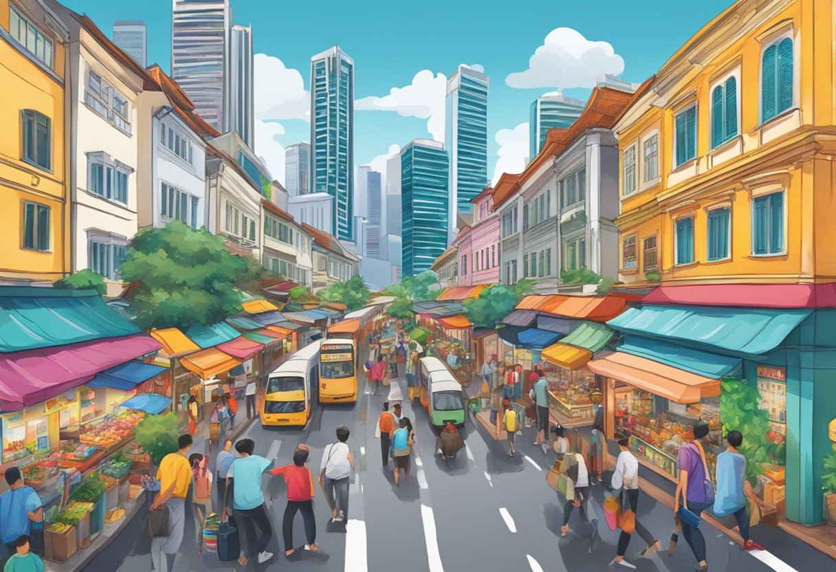 A bustling street in Singapore, with colorful shopfronts, bustling markets, and vibrant street art. The iconic skyline of the city can be seen in the background