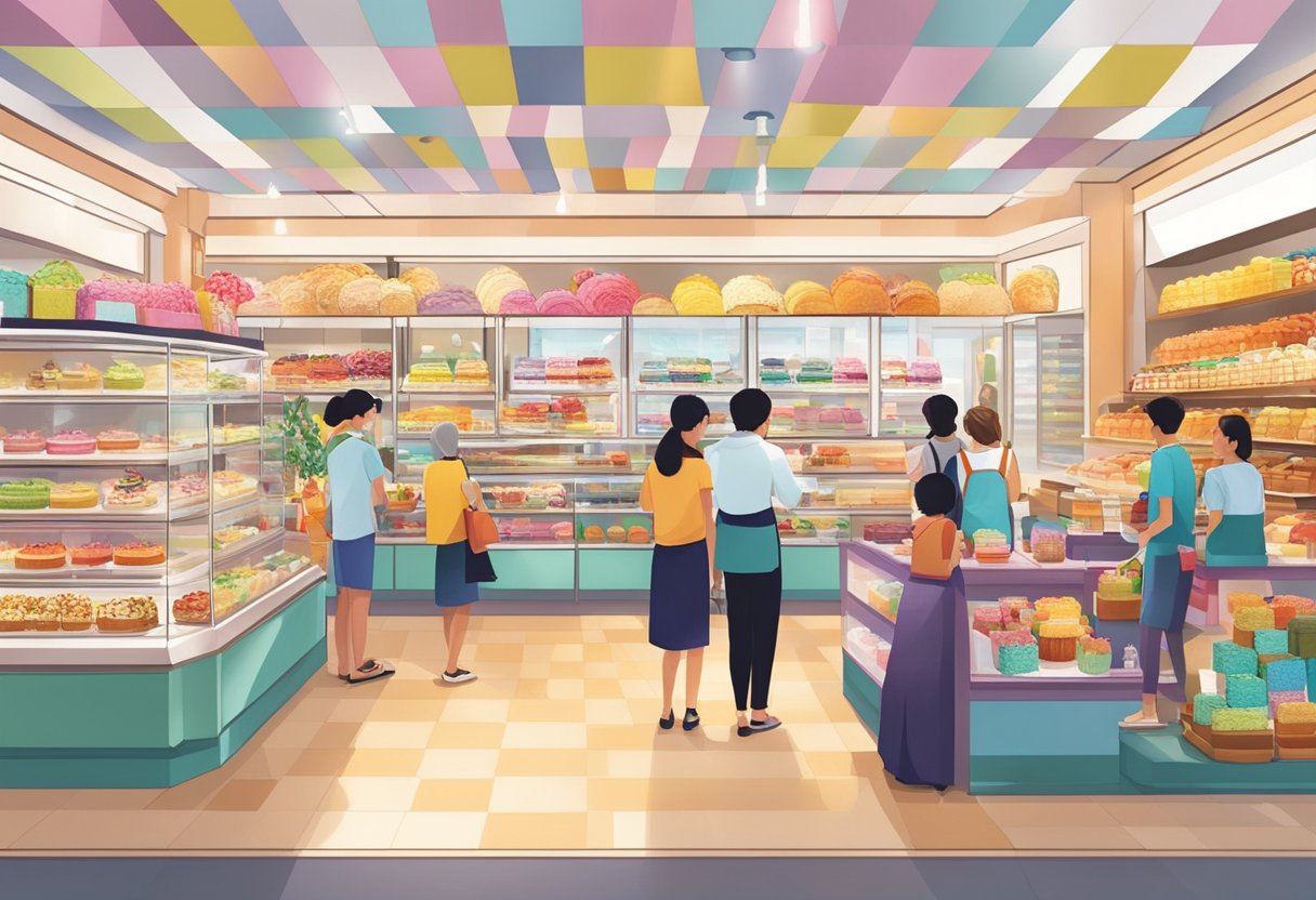 A bustling Chateraise Singapore store filled with colorful and delectable desserts, with customers browsing and staff attending to the displays