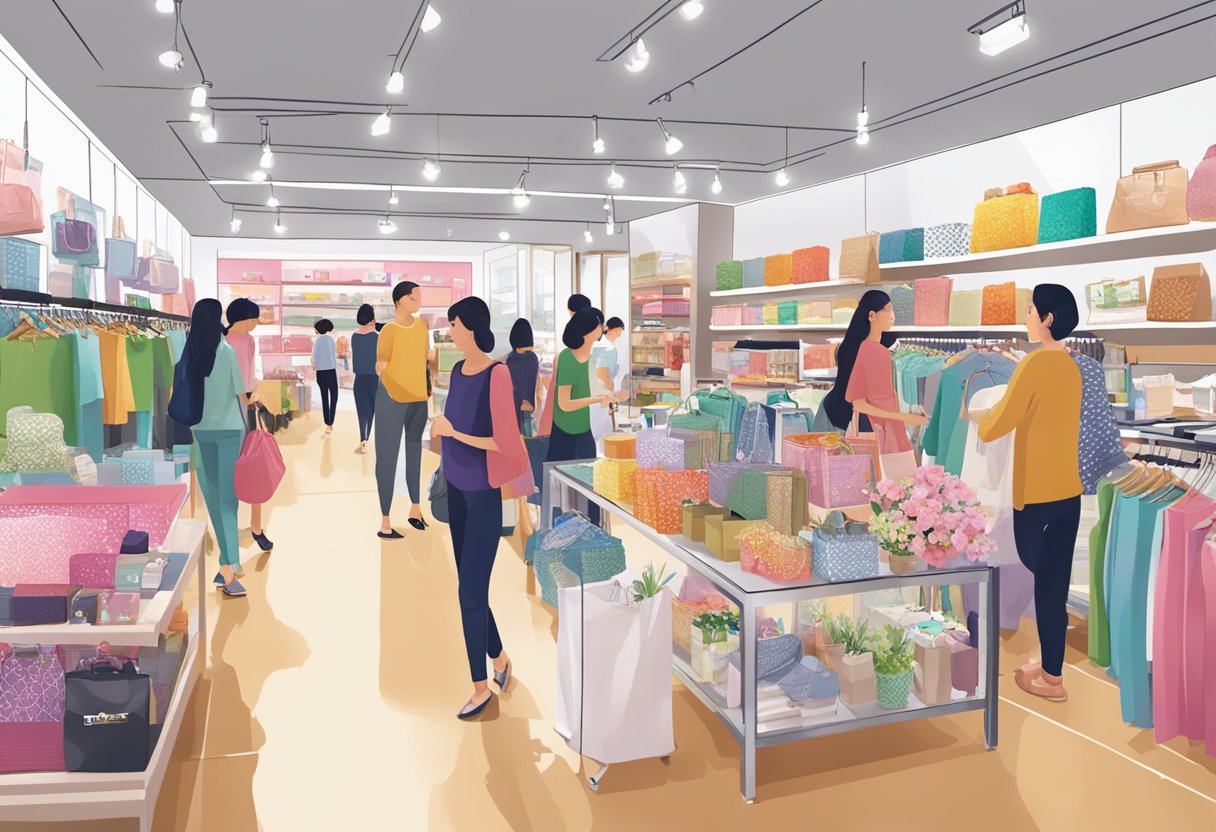 A bustling BHG Singapore store with colorful displays of fashion, beauty, and home goods. Shoppers browse aisles filled with trendy products