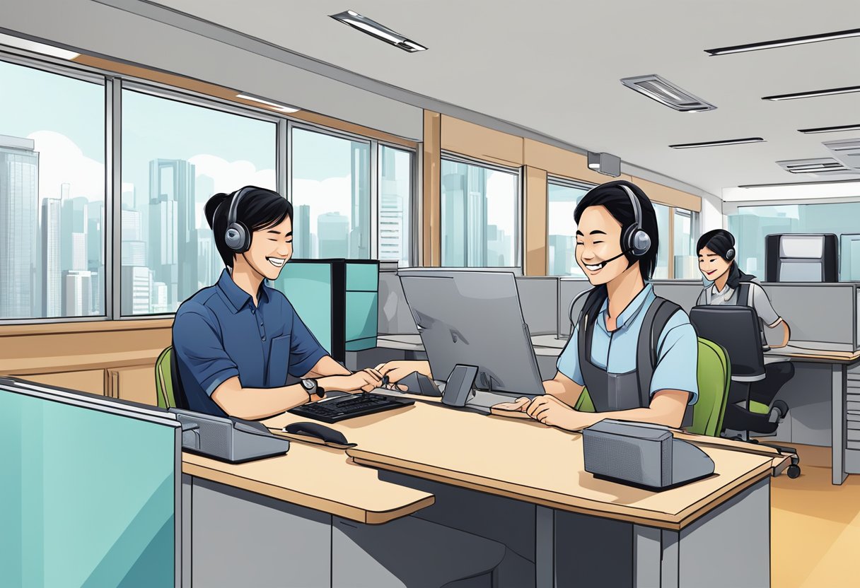 A customer service representative assists a smiling customer at a Ninja Van Singapore service desk