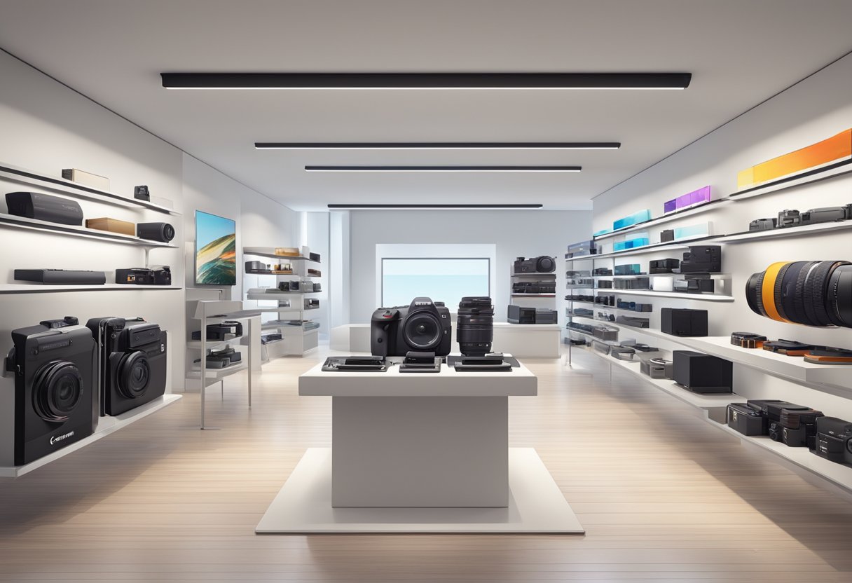 A sleek Canon camera and a range of optical products displayed in a modern, well-lit showroom